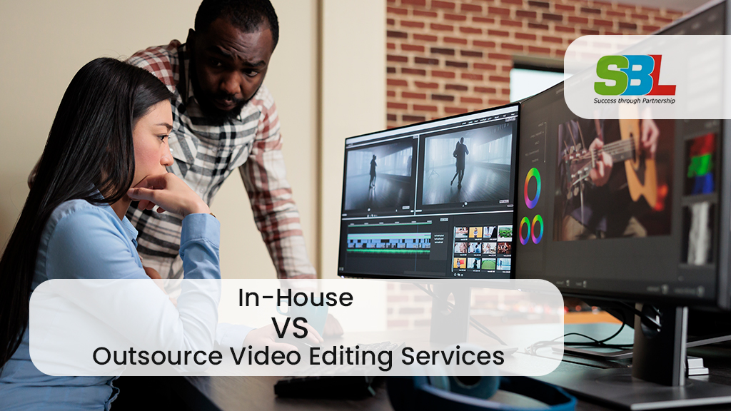 Two professionals comparing in-house and outsource video editing services on a dual-screen setup.